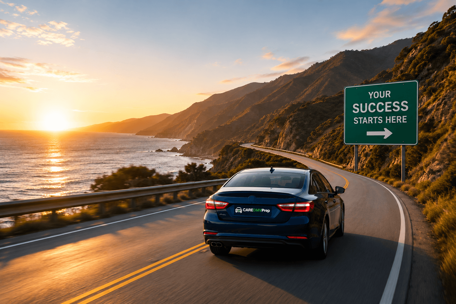 Car driving down a scenic coastal highway with success sign